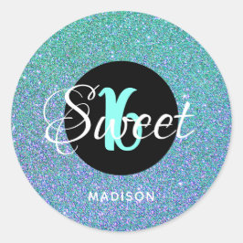 Adesivo Redondo Moderno Sweet 16 Teal Aqua Glitter Personalizado
