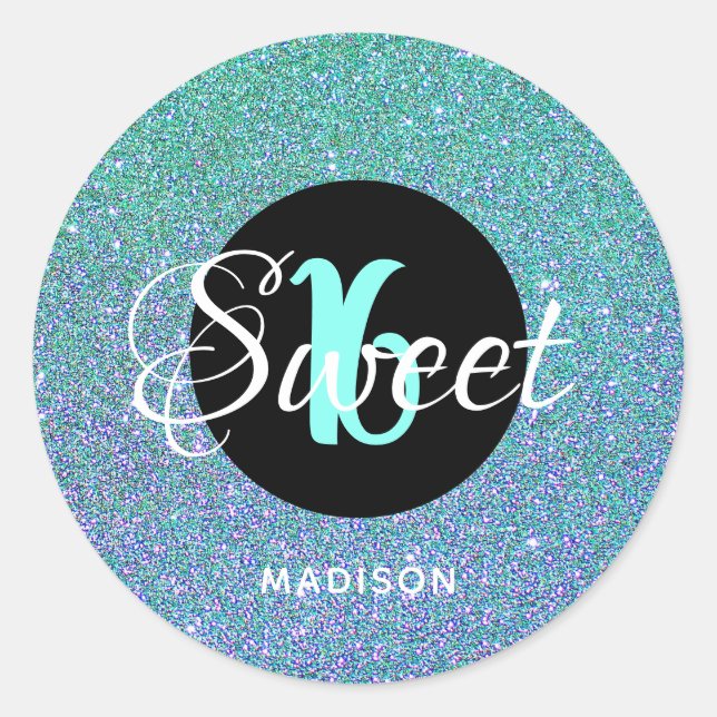 Adesivo Redondo Moderno Sweet 16 Teal Aqua Glitter Personalizado (Frente)