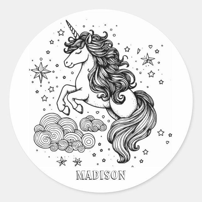 Adesivo Redondo Moderno Unicorn Crianças Personalizadas (Frente)