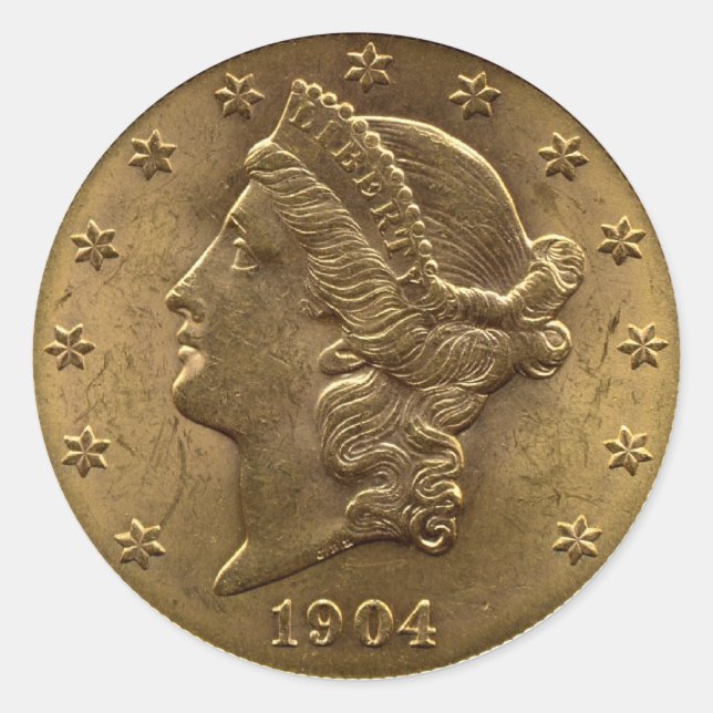 Adesivo Redondo Moedas de 2 Dólares de 1904 (cabeças) ou 20 dólare (Frente)