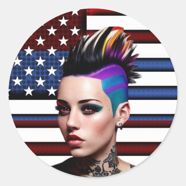 Adesivo Redondo Mohawk Punk Girl with American Flag (Frente)