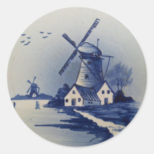 Adesivo Redondo Moinho de Vento Azul Branco Vintage Delft