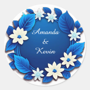 Adesivo Redondo Moldura de casamento floral azul com flores branca