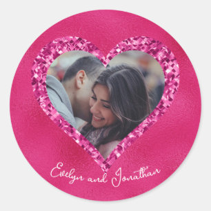 Adesivo Redondo Moldura de Coração Foto Personalizada Rosa Quente