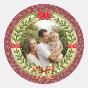 Adesivo Redondo Moldura de Imagem Personalizada e Coroa de Natal
