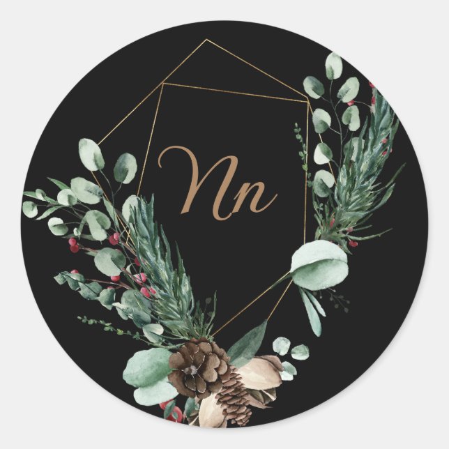 Adesivo Redondo Moldura de ouro personalizável com monograma ramo  (Frente)