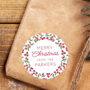 Adesivo Redondo Moldura de Ramo de Fruta Vermelha Feliz Natal