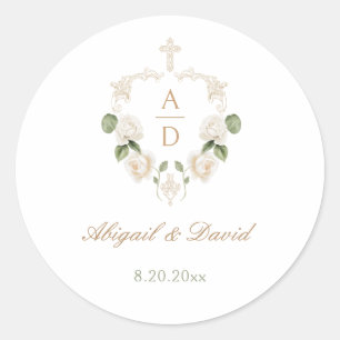 Adesivo Redondo Moldura de Rosas Brancas Casamento Religioso