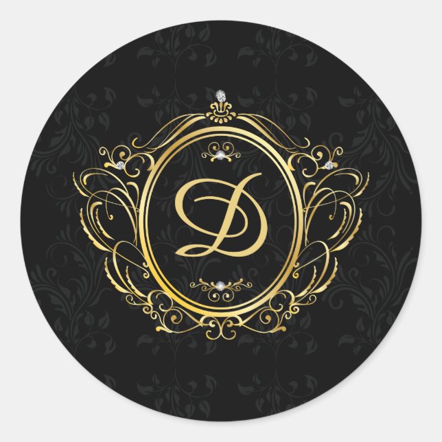 Adesivo Redondo Moldura dourada com fundo preto monograma (Frente)