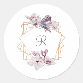 Adesivo Redondo Moldura Dourada de Magnólias Brancas Rosa Monogram
