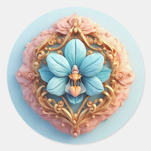Adesivo Redondo Moldura Dourada Orquídea Azul 🌿✨ Luxo Floral Eleg