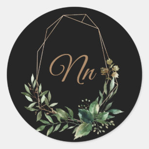 Adesivo Redondo Moldura dourada personalizável Monogram com ramo v