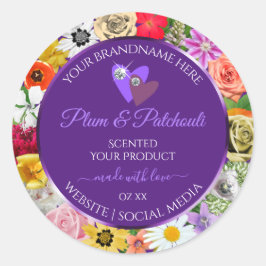 Adesivo Redondo Moldura Floral Colorida Rótulos de Produto Roxo Co