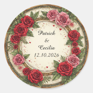Adesivo Redondo Moldura Floral com Rosas Vermelhas e Rosas