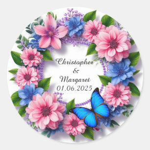 Adesivo Redondo Moldura Floral de Casamento com Flores Coloridas
