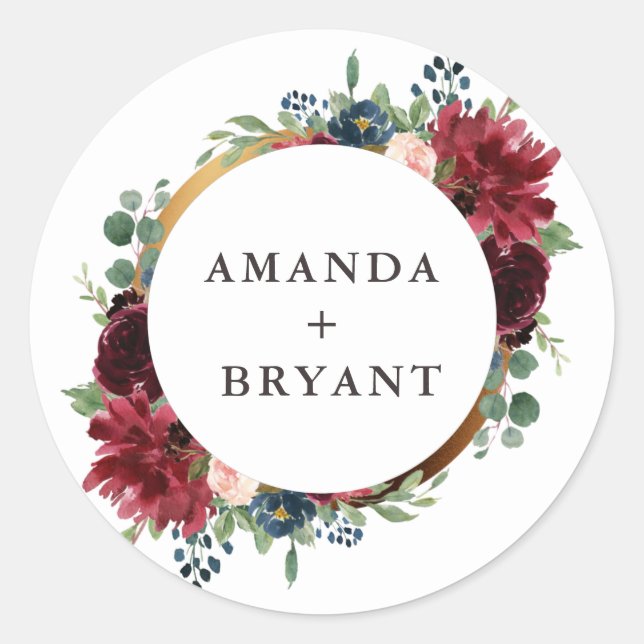 Adesivo Redondo Moldura floral de ouro borgonha (Frente)