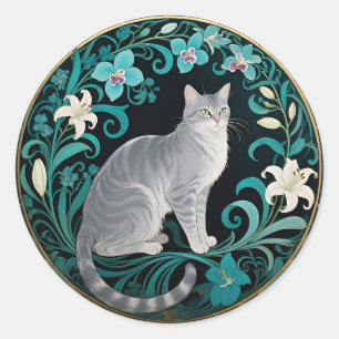 Adesivo Redondo Moldura Floral Ornamentada de Gato Cinza