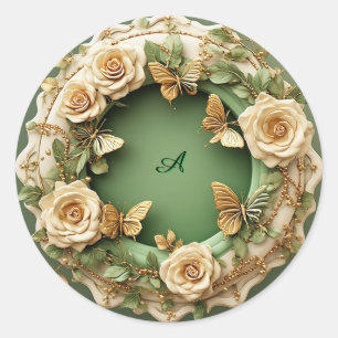 Adesivo Redondo Moldura Floral Verde Com Rosas Cor-de-Rosa