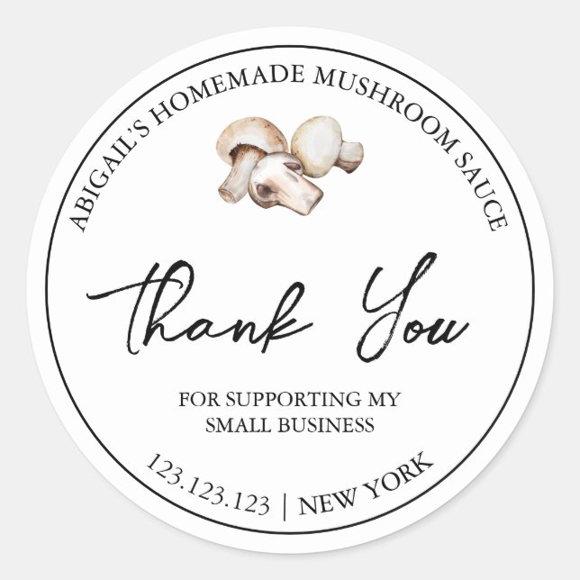 Adesivo Redondo Molho De Cogumelo Simples, Homemado, Obrigado Rótu (Frente)