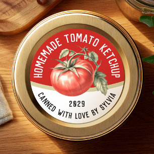 Adesivo Redondo Molho de Tomate Caseiro Editável com tomate vermel