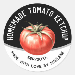 Adesivo Redondo Molho de Tomate Caseiro Editável com tomate vermel