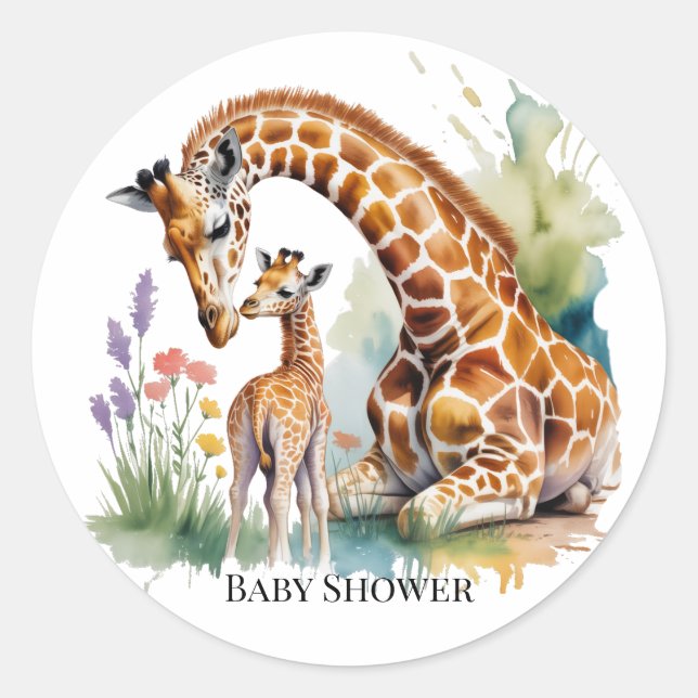 Adesivo Redondo Mom and Me Watercolor Giraffe Baby Shower (Frente)