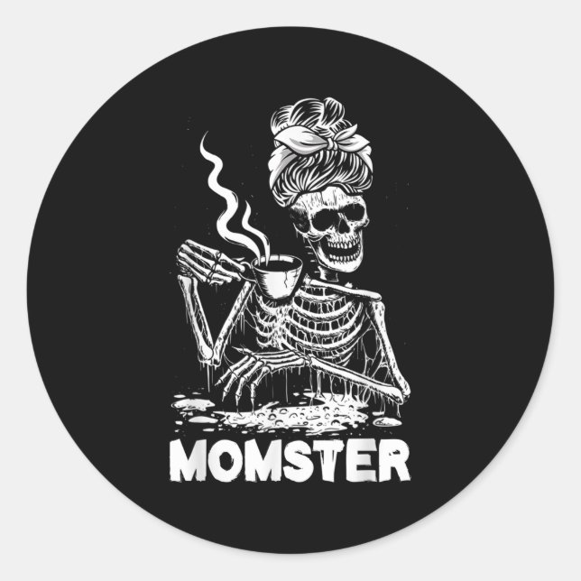 Adesivo Redondo Momster Skeleton Woman Coffee Funny Halloween Mom  (Frente)