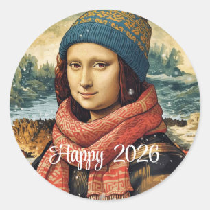 Adesivo Redondo Mona Lisa com touca - Feliz 2026