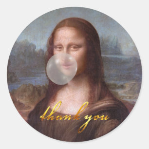 Adesivo Redondo Mona Lisa soprando um chiclete cinza
