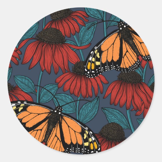 Adesivo Redondo Monarch butterfly on red coneflowers (Frente)