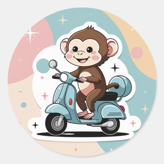 Adesivo Redondo Monkey driving a scooter (Frente)