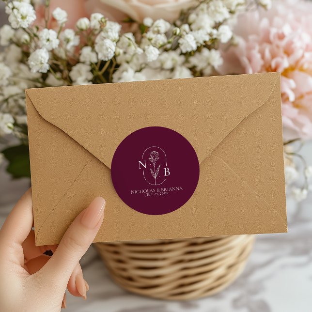 Adesivo Redondo Monogram Burgundy Minimalist Modern Wedding (Criador carregado)
