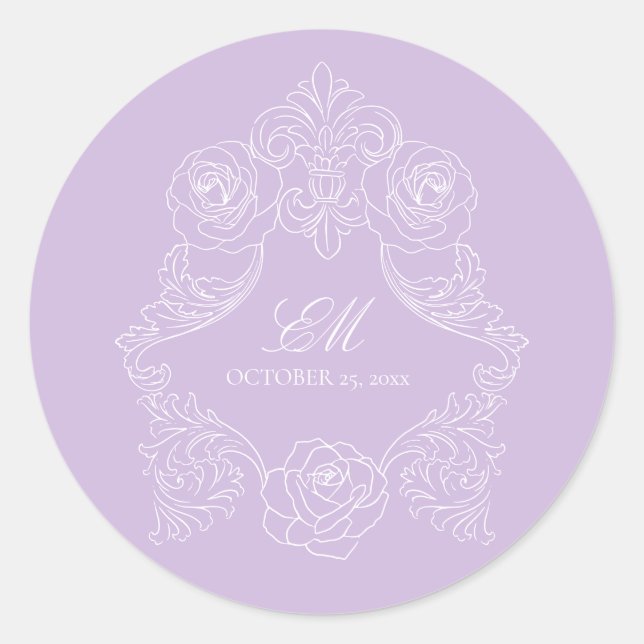 Adesivo Redondo Monogram Crest Ornament Purple Violet Wedding (Frente)