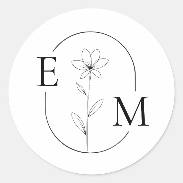 Adesivo Redondo Monogram Floral Minimalistic Wedding Sticker (Frente)