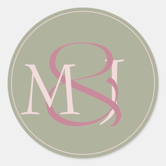 Adesivo Redondo Monogram Modern Minimalist Green & Pink Wedding (Frente)