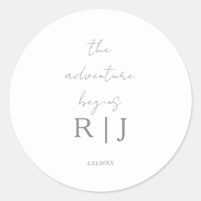 Adesivo Redondo Monogram Sage Green Quote Adventure Begins Wedding (Frente)
