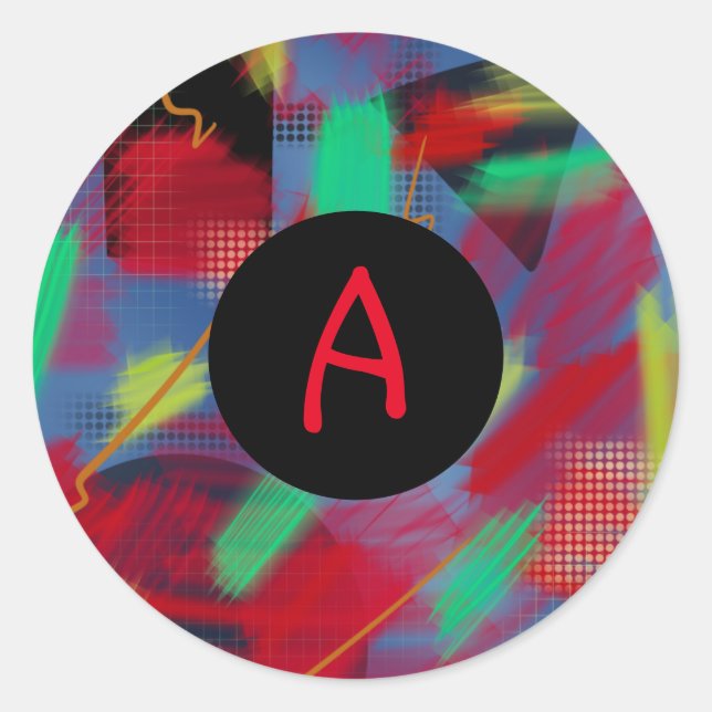 Adesivo Redondo Monograma Abstrato digital brilhante e alegre (Frente)