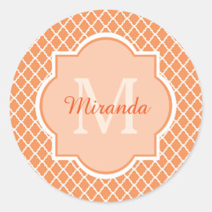 Adesivo Redondo Monograma alaranjado à moda de Quatrefoil com nom
