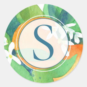 Adesivo Redondo Monograma alaranjado da aguarela dos citrinos da