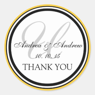 Adesivo Redondo Monograma Amarelo Negro U Casamento Obrigado
