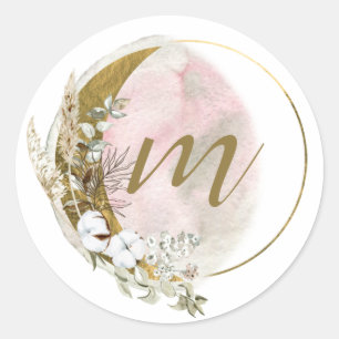 Adesivo Redondo Monograma Aquarela Celestial Rosa Bege Dourado