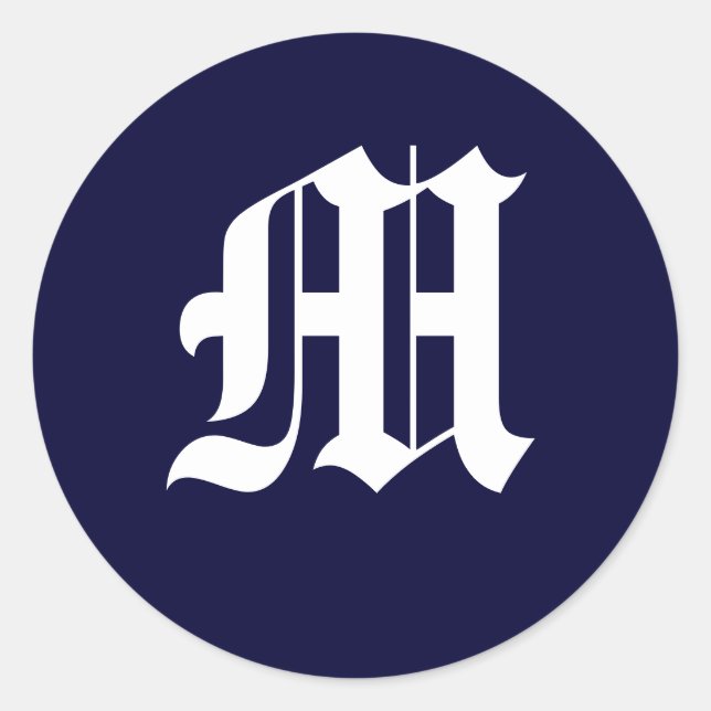 Adesivo Redondo Monograma azul e branco marinho "M" (Frente)