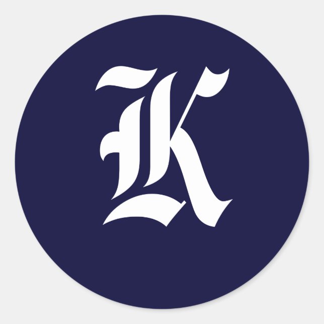 Adesivo Redondo Monograma Azul e Branco marinho Selos Iniciais "K" (Frente)