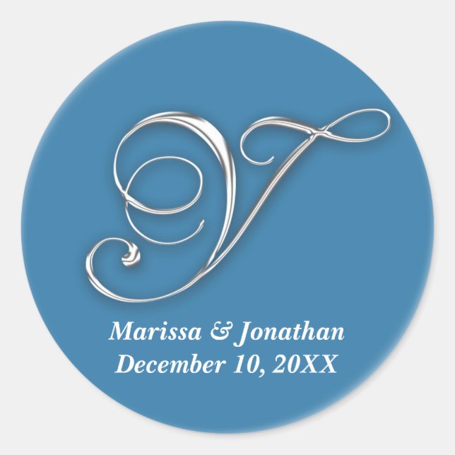 Adesivo Redondo Monograma azul inicial Y nome personalizado favor  (Frente)