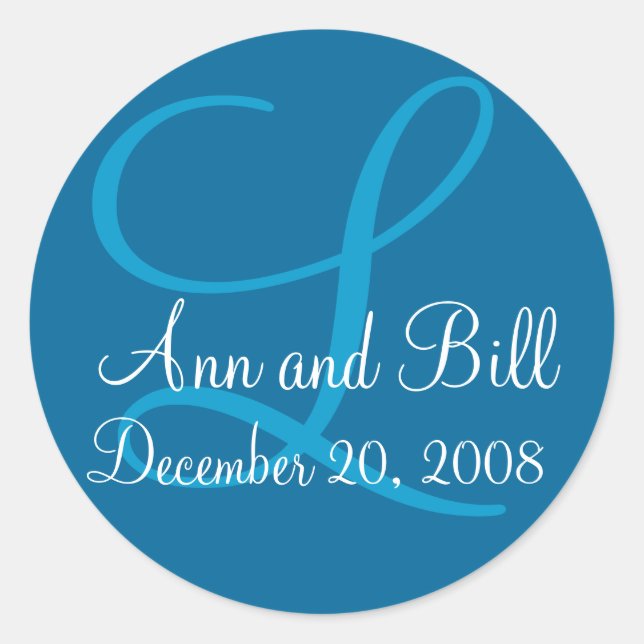 Adesivo Redondo Monograma Azul L, Nomes e Selo de Data (Frente)