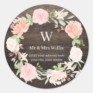 Adesivo Redondo Monograma Blush Rosa Wooden Rustic Address