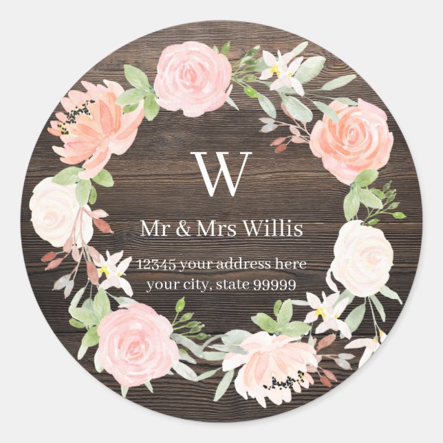 Adesivo Redondo Monograma Blush Rosa Wooden Rustic Address (Frente)