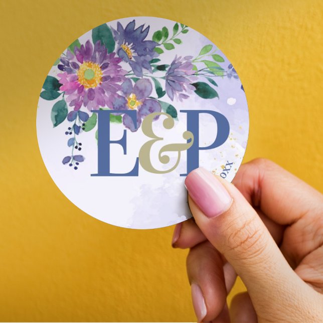Adesivo Redondo Monograma Bonito Casamento Floral Azul Roxo (Criador carregado)