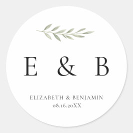 Adesivo Redondo Monograma Botânico de Casamento Folhagem Elegante 