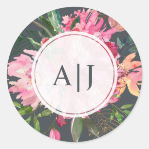 Adesivo Redondo Monograma Botânico Floral de Peony Rosa Ruby